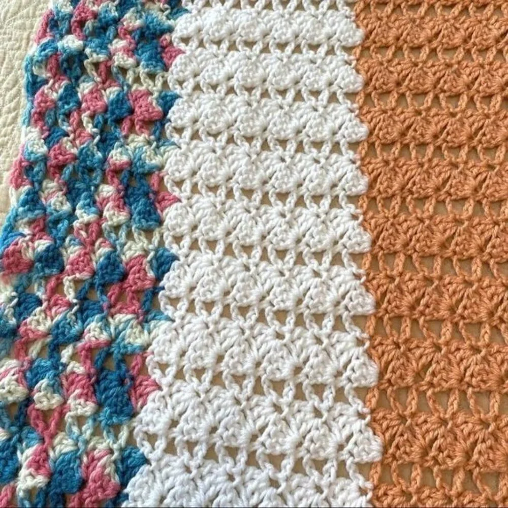 Handmade Vintage Sherbet Crocheted Afghan Baby Blanket Or Throw
